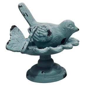Vintage Style Cast Iron Blue Bird on Flower Pedestal Butterfly Figurine 5.5"